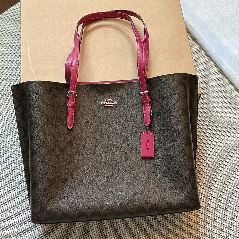 Coach Brown Signature Tote with Pink Trim and Tag